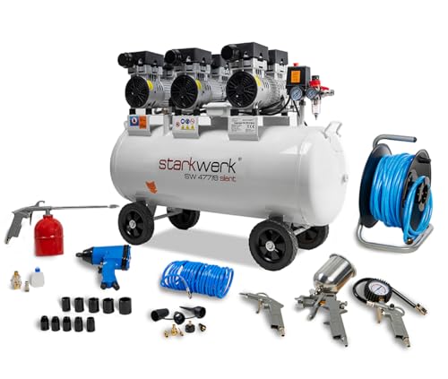 Starkwerk SW 477/8 Flüsterkompressor Silent Kompressor 2,25kW !69 dB! 8Bar ölfrei 100L Kessel Druckluftkompressor leise Compressor inklusive Druckminderer und Wasserabscheider