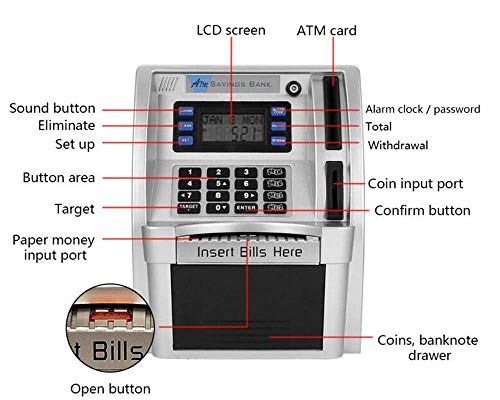 2023 Upgraded ATM Piggy Bank for Real Money ATM Savings Bank Machine for Kids Adults with Card Mini ATM Money Machine Coin Bill Feeder Educational Toy Christmas Birthday Gift(Silver/Black)
