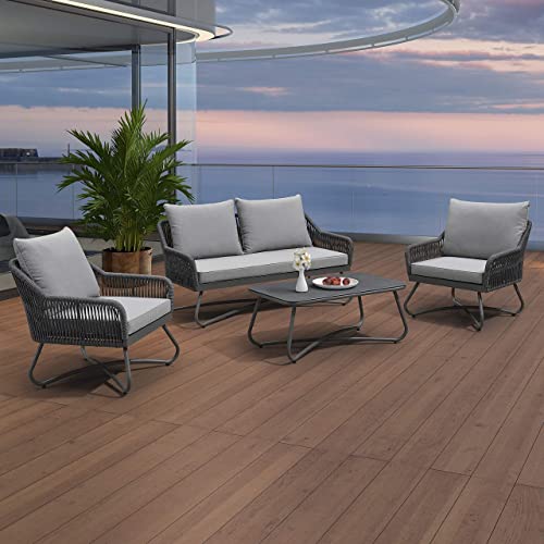 PURPLE LEAF Patio Conversation Set 4 Pieces Aluminum Frame Rope Outdoor Patio Furniture with Coffee Table, All-Weather Modern Deep Seating Sofa Set, Outdoor Patio Set with Cushions, Andros