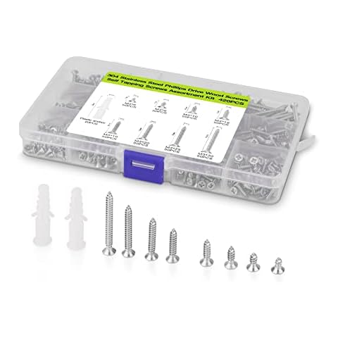 M3 Flat Head Self-Tapping Screws Assortment Kit,304 Stainless Steel Wood Screw Phillips Flat Head,Contains 20pcs M6 Screw Anchors, DIY and Joinery Screws Set 400pcs Cover