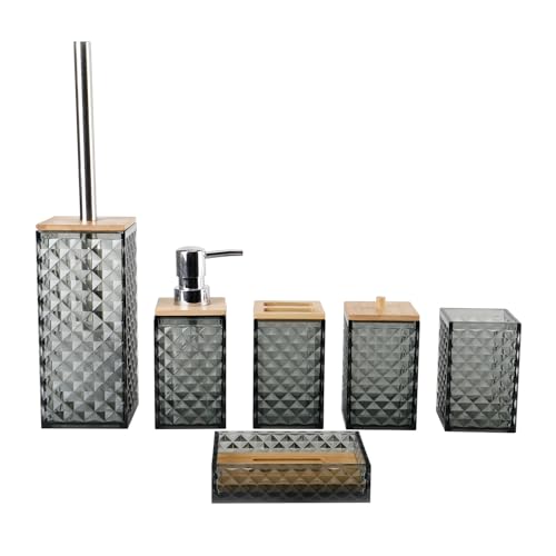 Bathroom Accessories Set,Soap Dispenser,Soap Dish,Toothbrush Holder, Tumbler,Toilet Brush and Holder, Acrylic Bathroom Accessories Set Complete, Modern Bathroom Décor, Gift for Home (Grey)