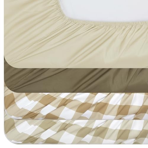 Image of VitalCozy 4 Pcs Checkered Khaki Crib Sheet Set Newborn Bedding Nursery Baby Sheets for Girl Boys Baby Gifts for Standard Crib and Toddler Mattresses, 52 x 28 x 8 Inches