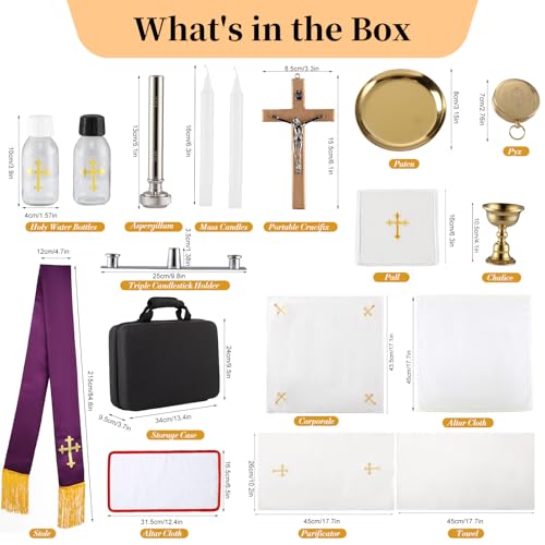 Catholic Travel Mass Kit-Chalice,PYX,Paten,Crucifix,Candles with Holder,Clergy Stole,Linens,Holy Water Sprinkler and Bottles with Case by Brilucky - Image 2