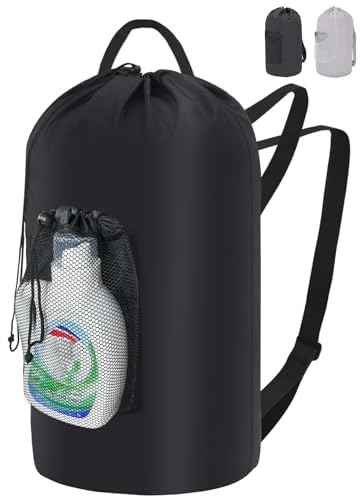 IHOMAGIC 95L Grande Bolsa Ropa Sucia Portátil con Bolsillo, Cesto Ropa Sucia de Nailon con correa para el hombro, Cesta de Lavandería Portátil para la Lavandería, Viajes, Dormitorio, Negro
