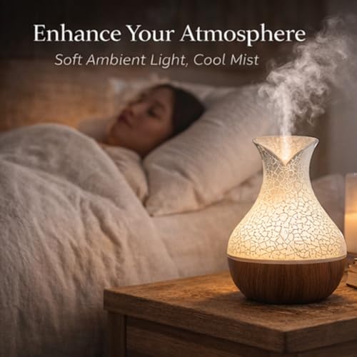 Image of Lakshiv Aroma Diffuser Humidifier for Room & Home with LED Light | Ultrasonic Cool Mist Air Humidifier for Bedroom | Essential Oil Diffuser | Wood Grain Finish Touch Operation - 30ml (Silver Crystal)