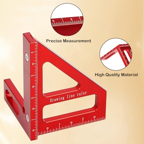 3D Multi Angle Measuring Ruler, 45° & 90° Degree Triangle Scriber Square Protractor, Miter Triangle Ruler Measuring Tool for Engineer Aluminum Inch Scale for Carpenters and Woodworkers (Red)