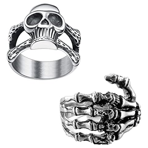 THUNARAZ 2 Pcs Vintage Skull Rings Set for Men Women Stainless Steel Punk Biker Rings Gothic Cool Skeleton Rings Jewelry Size 7-14, 13, Stainless Steel, Cubic Zirconia Cover