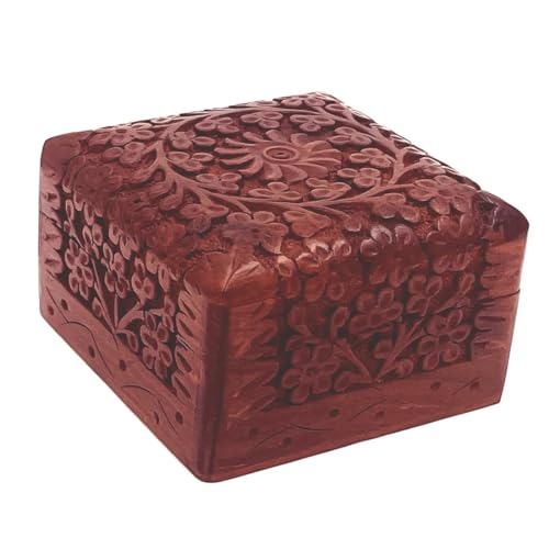 Handmade Wooden Jewellery Box for Women Jewel Organizer Hand Carved with Intricate Full Kashmiri Carvings Wood Jewel Organizer Jewelry Box for Woman Gift(4 X 4 Inch)