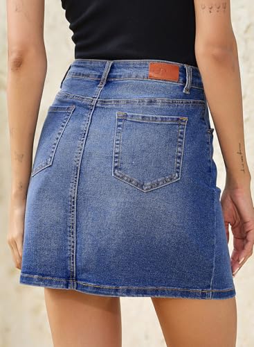 Image of Sidefeel Women's Jean Skirt High Waist Drawstring Stretchy Casual Summer Loose Fit Trendy Mini Denim Skirt with Pockets