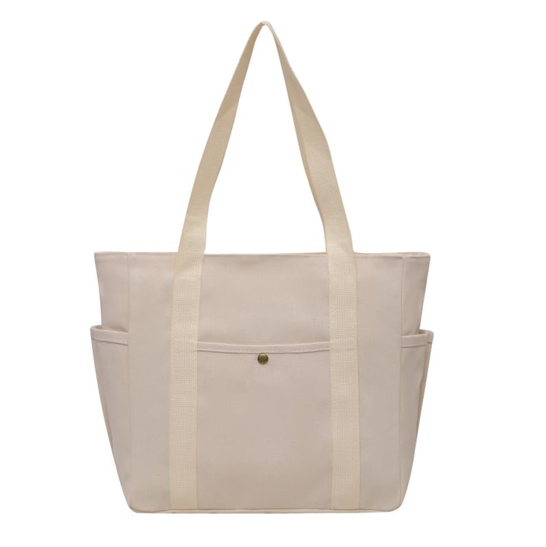 Bolsa feminina de lona, bolsa com vários bolsos de grande capacidade para trabalho e deslocamento diário, Branco