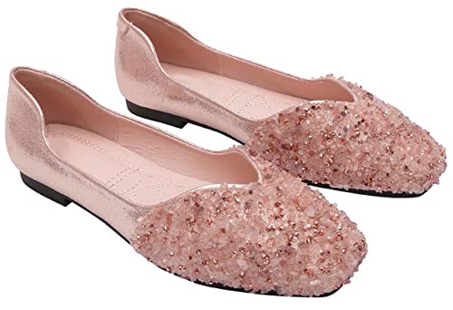TN TANGNEST Women's Square Toe Flats Rhinestone Ballet Shoes Slip on Flat Shoes
