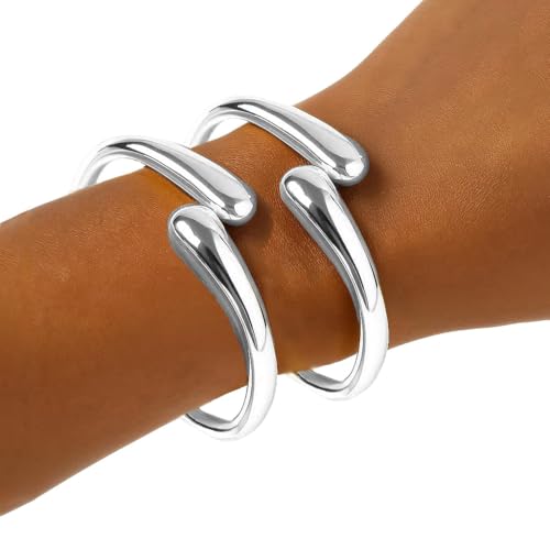 Image of MTINEAPS Sterling Silver Bangle Bracelets for Women Teens Trendy Chunky Adjustable Twist Cuff Bracelet Jewelry Gifts (Silver-2 PC)