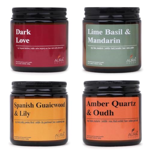 Image of AuraDecor Scented Soy Wax Amber Jar Candle Set of 4, Organic Luxury Aroma, Aromatic /Aromatherapy Votive Candle || Burning Time Upto 30 Hours Aromatherapy, Gift Set