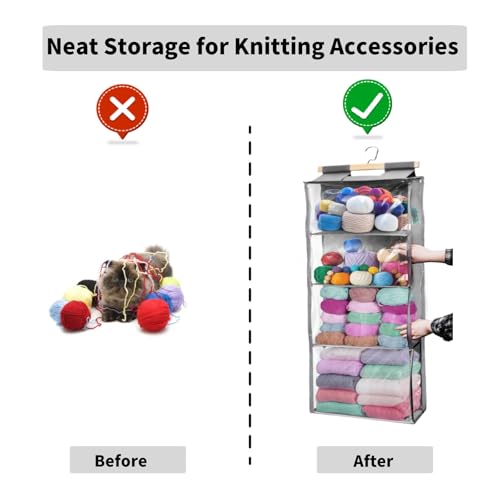 Image of Hanging Yarn Storage Organizer, Over the Door Hanging Yarn Holder with 4 Large Pockets, Clear Crochet Knitting Bag Organizer with Zippers and Hooks, for Knitting Needles Crochet Hooks, Gray
