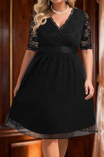 Image of Pinup Fashion Plus Size Lace Chiffon Wrap V Neck Dresses Women Cocktail Wedding Guest Midi Dress