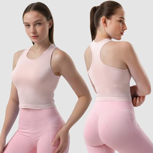 SPORME RUNNING 4er Damen Sport Tops mit integriertem BH Rippiertes Racerback Tank Top Nahtloser Atmungsaktiver Crop Top Camisole für Fitness, Yoga, Gym & Alltag