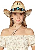 GEMVIE Women Straw Cowgirl Hat Ladies Straw Cowboy hat Beach Sun Hat Roll Brim Summer Cowboy Hats Beige