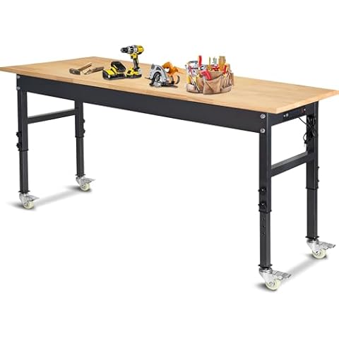 60" Adjustable Work Bench, Rubber Wood Top Workbench Heavy-Duty Work Table with Power Outlet with Wheels, 2000 LBS Load Capacity Hardwood Work Benches for Garage, Workshop, Home, Office, Easy Assembly Cover