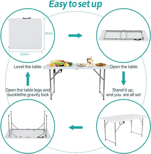 Dkelincs Folding Table 4 Foot Portable Picnic Table Plastic Folding Table Adjustable Height Heavy Duty Fold in Half with Handle and Steel Legs for Indoor Outdoor Camping, Picnic and Party, White