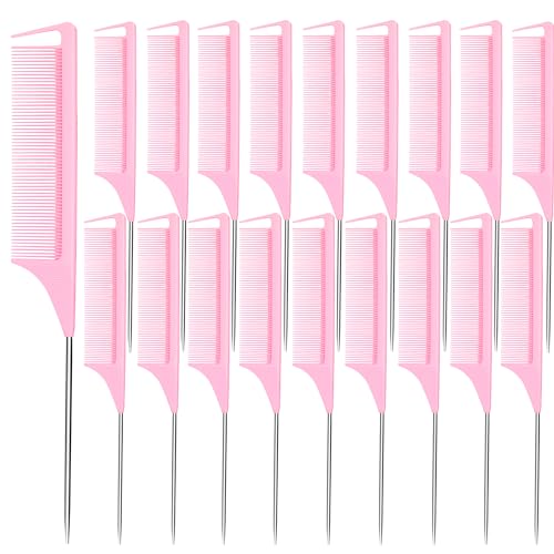 Rat Tail Combs 20 PCS, Parting Combs for Braiding Hair Carbon fiber heat-resistant anti-static,for Sectioning, Parting, Styling Hairs (Pink)
