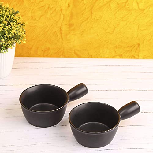 Artysta Handled Ceramic Serving Bowl Stylish Soup Bowls Dining Serveware Bowls for Kitchen Microwave & Dishwasher Safe (Set of 2, Black Color, 400 ml)