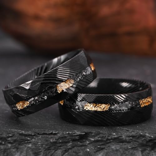 Black Damascus Steel Rings for Men 8mm Men's Engagement Wedding Bands Hammered Inlaid Gold Foil Meteorite Fragments Stylish Comfort Fit3