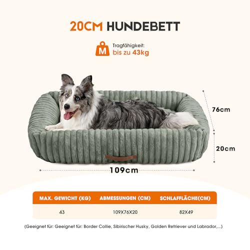 Upvilla Luxusweicher Hundekorb, Super Weiches hundebett Grosse Hunde, 4-seitiges Nackenkissen, Abnehmbare Waschbare Hundematte, Hundesofa mit Griffen, Haustierbett (Dunkelgrau, 109 * 76 * 20cm)