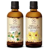 Ätherische Öle Set 2x100ml - Ätherisches Jasmin Öl und Vanille Oleoresin Öl - Jasminöl für Diffusers und Duftlampen - Öle für Seifenherstellung - Vanilleöl für Kerzen und Romantik - Körperpflegeöl