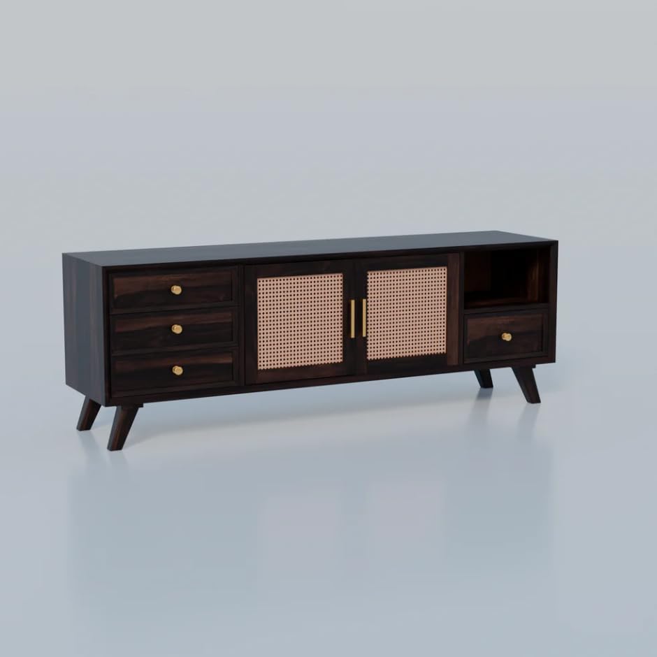 Image of Premium Solid Wood, 10 Minutes Assembly (Legs Only), Aesthetic Rattan Doors, Mid Century Entertainment Center for Living Room, TV Stand for 65 inch TV, Dark Chocolate (Walnut TK-27)