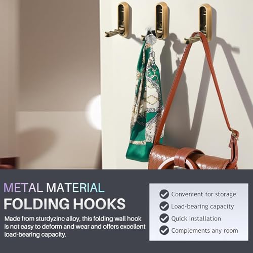 BCYSNR 4 Stück Faltbare Kleiderhaken,90°Faltbarer Wandhaken,Rutschfeste Hochleistungs-Wandhalterung Unsichtbarer Klapphaken,Zinklegierung Edelstahl Wandhaken zum Aufhängen mit geboht(Gold)