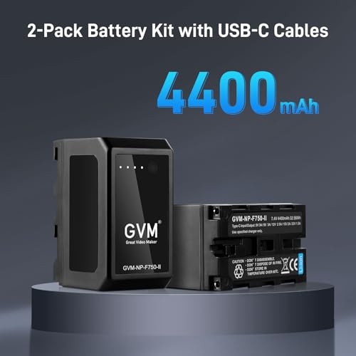 Image of GVM 2 Packs NP-F750 Replacement Batteries with Rechargeable USB-C Cables, Travel Chargers for NP-F975, NP-F960, NP-F950, NP-F930, NP-F770, NP-F750, NP-F550, DCR, DSR, HDR, FDR, HVR, HVL and LED Light