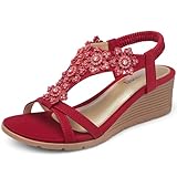 TEMOFON Women's Low Wedge Heels Summer Dressy Platform Sandals Elastic Ankle Strap Open Toe Shoes Red Size 8