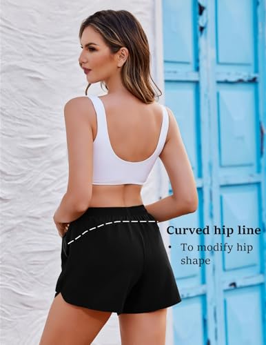 Ekouaer Damen Badeshorts Badehose Boxer Liner Hoch Taille Schwimmhose Boardshorts mit Taschen Sportshorts Schwarz L