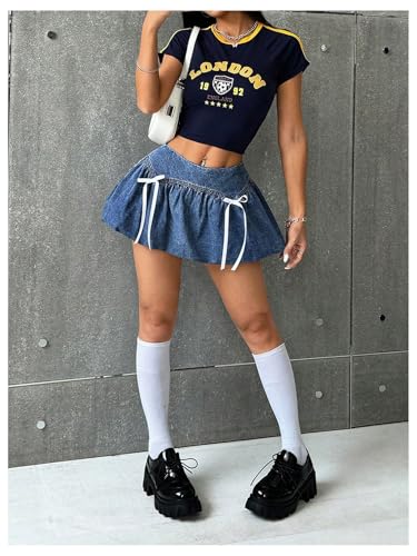 Milumia Women's Denim Bowknot Decor Mini Skirts Ruched Hem Bubble Skirts3