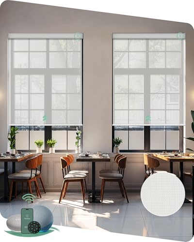 Yoolax Motorized Solar Shade Romote Control Light Filtering Roller Blinds Transparent Sight Auto Window Blinds (White)
