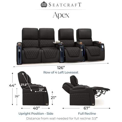 Image of Seatcraft Apex Black Italian Leather Home Theater Seating, Zero Gravity Power Recliner Chair, Powered Headrest and Lumbar Gaming and Lounge Sofa Furniture for Cinema Room, Row of 4 Left Loveseats