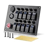 10 Gang Marine Rocker Switch Panel, Boat Toggle Switches Panel with LED Circuit Breaker, 12V/24V DC Power Socket & Horn Button, IP65 Waterproof, Dual USB Charger Voltmeter ON/Off for Car RV Truck
