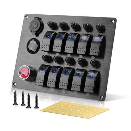 10 Gang Marine Rocker Switch Panel, Boat Toggle Switches Panel with LED Circuit Breaker, 12V/24V DC Power Socket & Horn Button, IP65 Waterproof, Dual USB Charger Voltmeter ON/Off for Car RV Truck