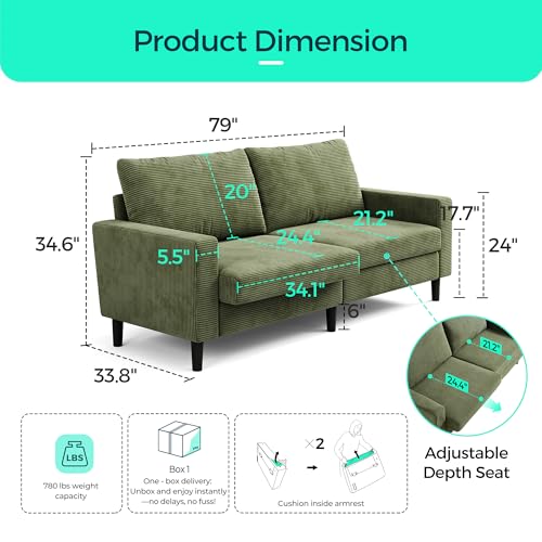 LINSY Modern Loveseat Sofa Couches for Living Room, Comfy Corduroy Sofa, Adjustable Seat Depth, Extra Deep Seats, Solid Wood Frame, Removable Cover, Love Seat Couch for Small Spaces (79inch, Green) - Image 3