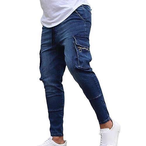 Mens Slim Fit Stretch Comfort Cargo Biker Jeans Moto Washed Distressed Straight Jeans Denim with Multi-Pockets