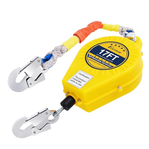 Encreese Self Retractable Lifeline Fall Protection Arrester 17FT Double Locking Roofing Safety Rope Lanyard Fall Arrest Gear, Dual Alloy Steel PPE shell Heavy Duty Hook Cable Wire