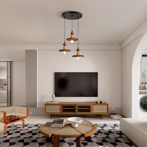 Lustre en noyer 3 têtes avec suspension en bois et métal noir pour E27