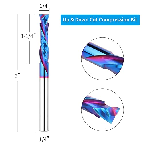 Eanosic Compression Spiral Router Bits 1/4" Shank,1-1/4" Cutting Length, Extra Long 3 Inch, Carbide Up Down Cut Cnc Router Bits End Mill For Wood Mortises Carving Engraving #TOP1