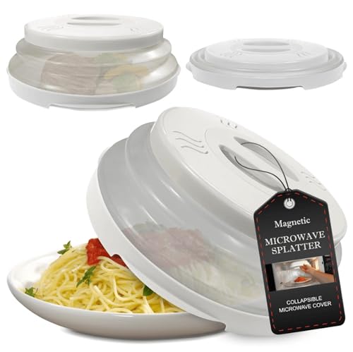 High Power Magnetic Microwave Splatter Cover with strongest magnetic grip, Collapsible 12-Inch BPA-Free Food Lid, Vented Plate Guard, Dishwasher Safe, Space-Saving Magnetic Storage - White
