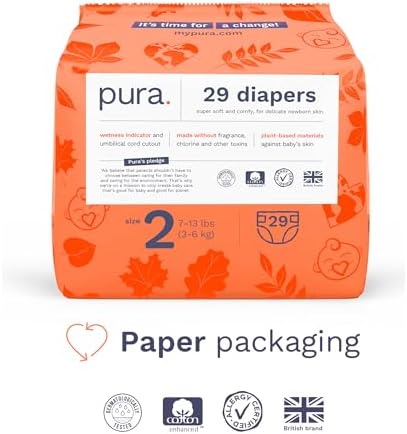 Pura 저자극성 기저귀 사이즈 2 (3.2-5.9kg(7-13파운드)) 월간 팩, 완전 염소 프리, 습도 표시기, 민감한 피부에 적합, 부드러운 유기농 면의 편안함, 밤새 29개 6팩 (기저귀 174개) — 사진 2