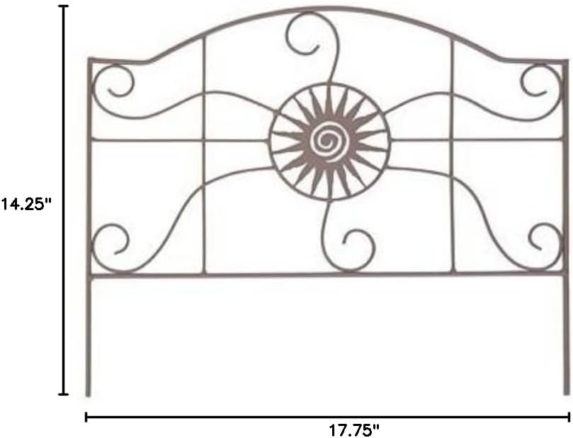 Panacea 84573 Aztec Sun Border Fence – Pack of 12, Rust Brown Powder-Coated Metal Garden Fencing – 14" H Decorative Landscape Edging with Sunburst Design – Easy No-Dig Installation