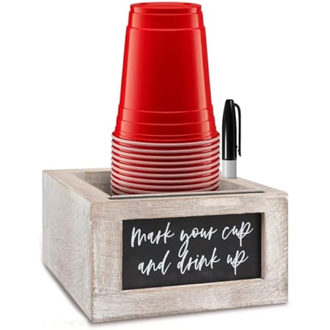 Wooden Cup Holder with Marker Slot, Mark Your Cup and Drink Up with Interchangeable Signs, Party Cup Holder, Wood Cup Dispenser - Rustic Farmhouse Modern Decor | Hostess Gift (Wooden)