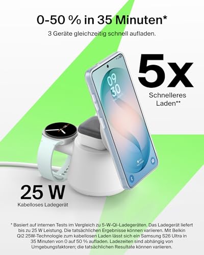 Belkin UltraCharge 3-in-1 Induktive Ladestation mit Qi2, 25W – Weiß – Ansicht 4