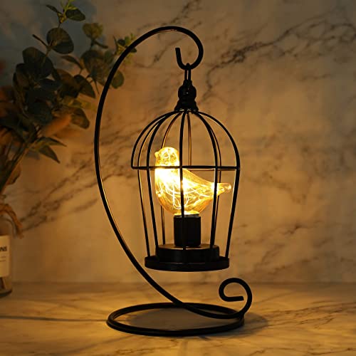 JHY DESIGN Ampoule de cage à oiseaux Lampe décorative à piles 31 cm de hauteur Accent sans fil avec ampoule de guirlande lumineuse blanc chaud pour salon Cuisine de mariage (noir)
