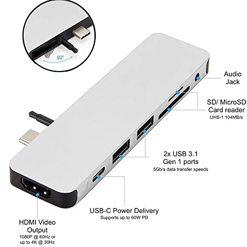 HyperDrive USB-C Hub Adapter, Sanho Solo 7-in-1 Type C Dongle for MacBook Pro, PC w USB-C Port: USBC 60W Power Delivery, USBC 5Gbps Data, 4K HDMI, microSD/SD Card Reader, 2xUSB 3.0, Audio Jack- Silver